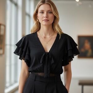 Free People Black Ruffle Sleeve Tie Front Bodysuit Fairy‎ Witchy Flowy Girly  XS